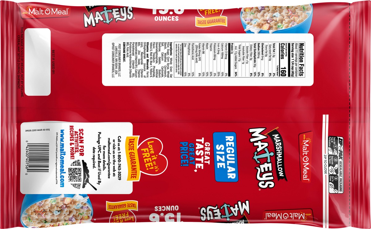 slide 3 of 7, Malt-O-Meal Mateys Regular Size Marshmallow Cereal 15.6 oz, 15.6 oz