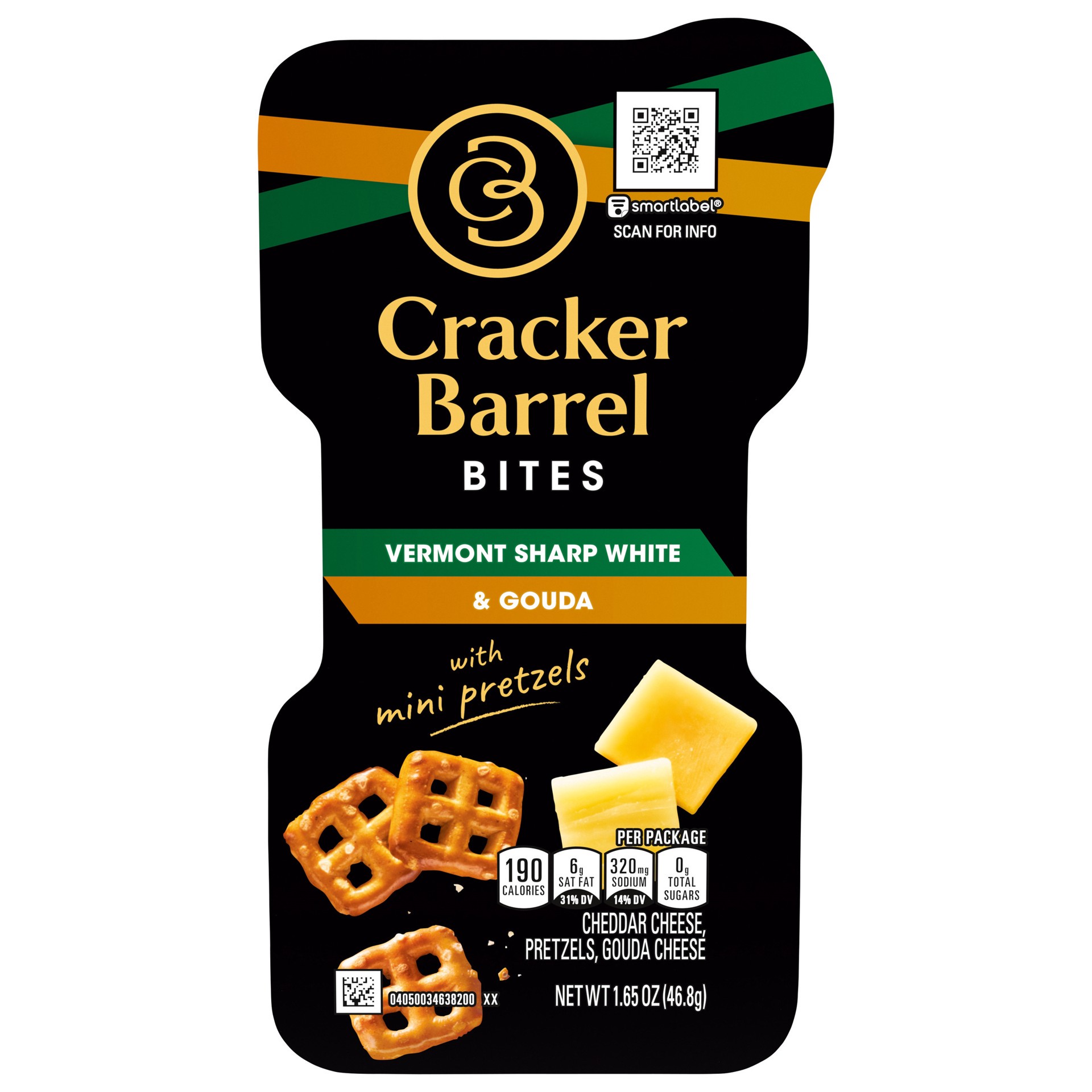 slide 1 of 21, Cracker Barrel Bites Vermont Sharp White Cheddar & Gouda with Mini Pretzels, 1.65 oz