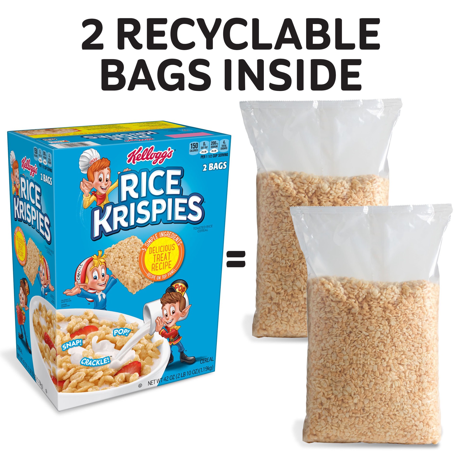 slide 5 of 5, Rice Krispies Kellogg's Rice Krispies Breakfast Cereal, Kids Snacks, Family Breakfast, Original, 42oz Box, 2 Bags, 42 oz