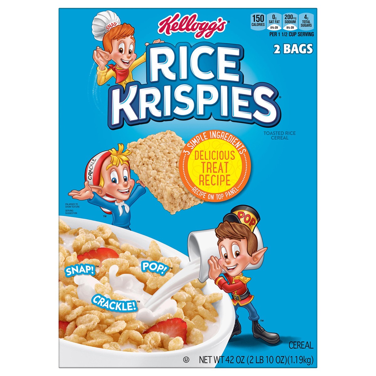 slide 1 of 5, Rice Krispies Kellogg's Rice Krispies Breakfast Cereal, Kids Snacks, Family Breakfast, Original, 42oz Box, 2 Bags, 42 oz