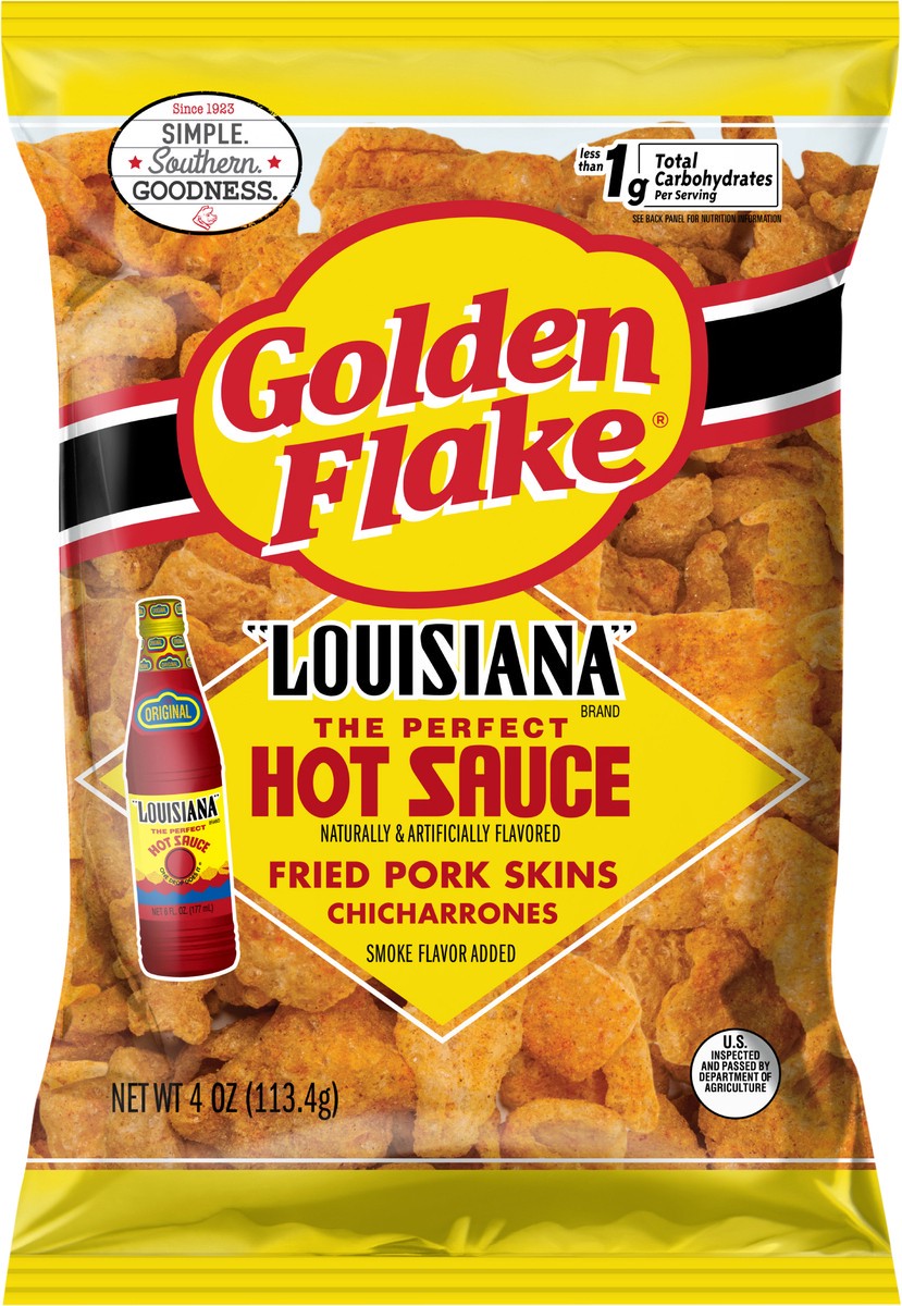 slide 6 of 11, Golden Flake 4 oz Golden Flake LA Hot Pork Skins, 4 oz