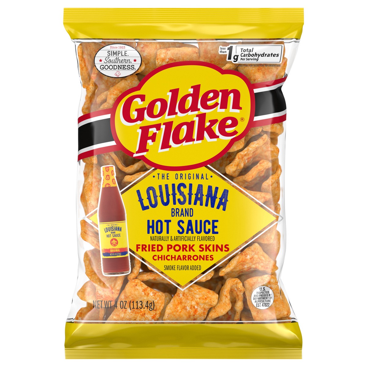 slide 1 of 11, Golden Flake 4 oz Golden Flake LA Hot Pork Skins, 4 oz