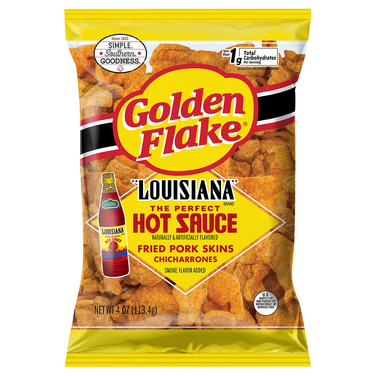 slide 4 of 11, Golden Flake 4 oz Golden Flake LA Hot Pork Skins, 4 oz