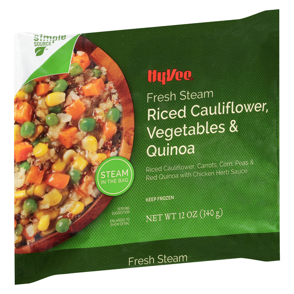 slide 1 of 1, Hy-Vee Riced Cauliflower, Vegetables & Quinoa, Fresh Steam, 12 oz
