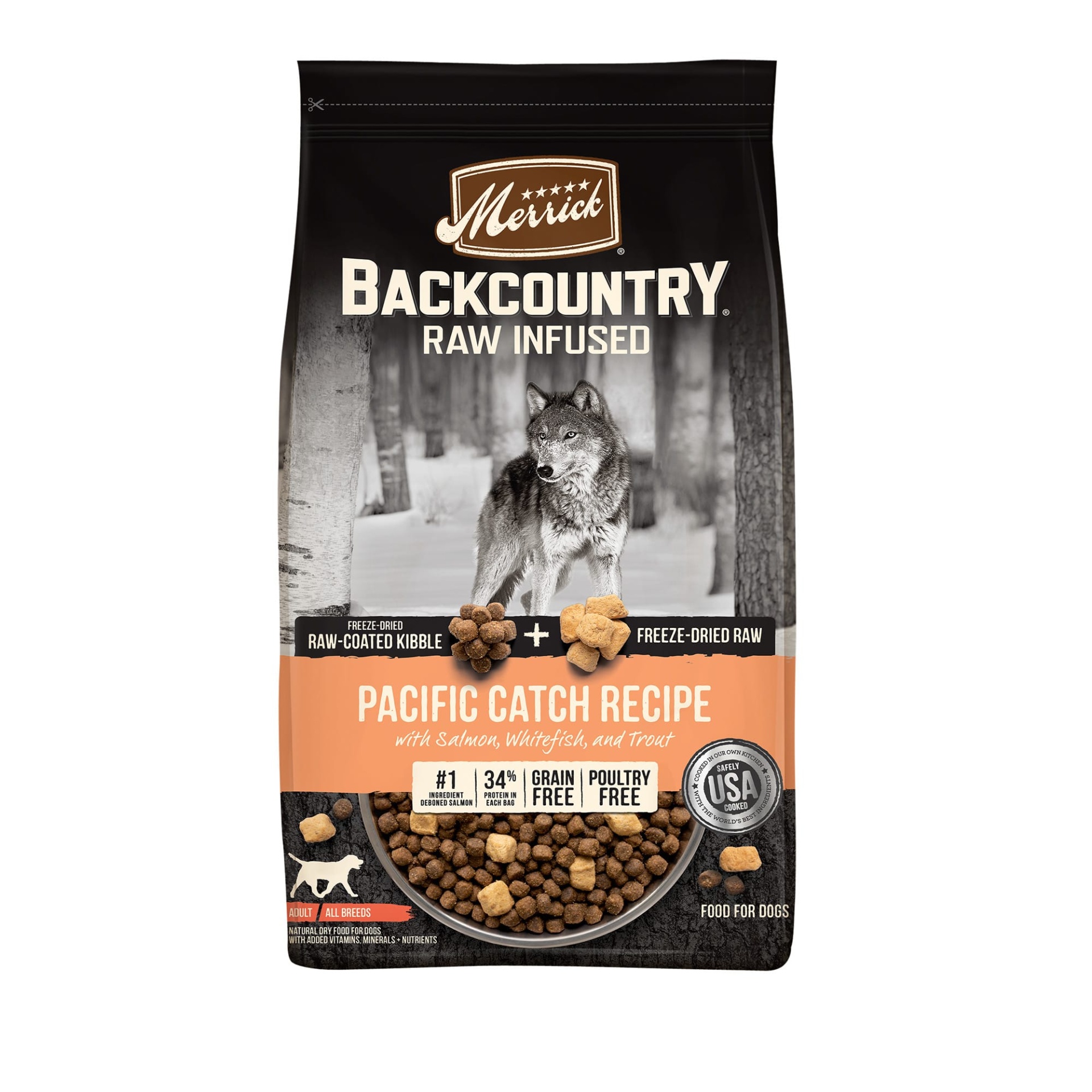 slide 1 of 1, Merrick Backcountry Raw Infused Grain Free Freeze-Dried Pacific Catch Recipe Dry Dog Food, 20 lb