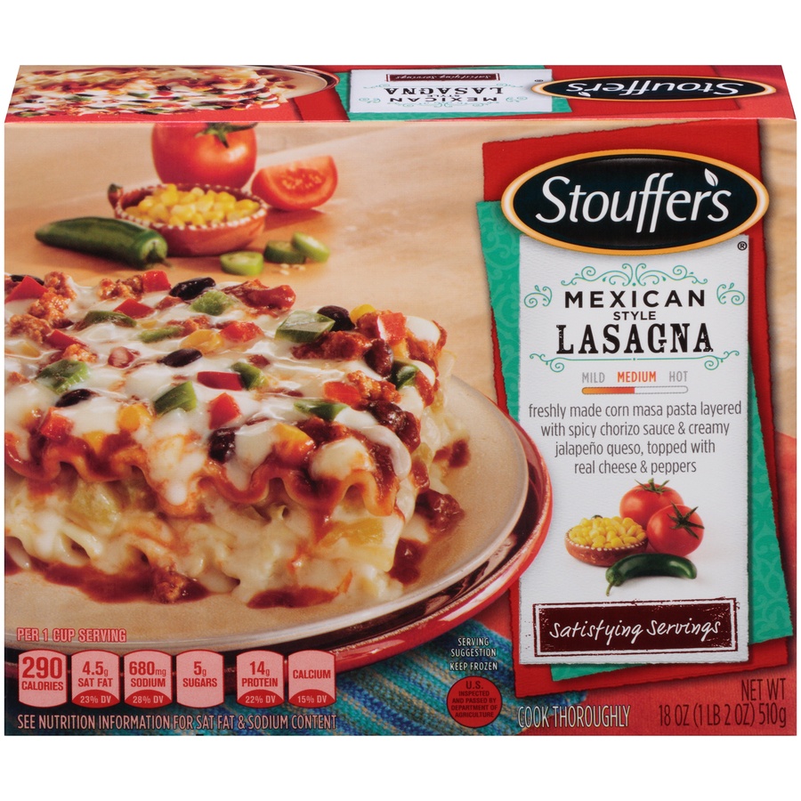 slide 1 of 8, Stouffer's Satisfying Servings Mexican Style Lasagna, 18 oz