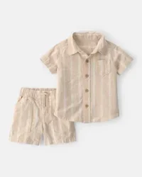Carters Baby Boy 2-Piece Stripe Collared Shirt & Short Set - Khaki Khaki NB