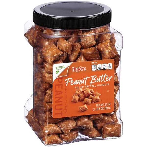slide 1 of 1, Hy-Vee Peanut Butter Filled Pretzel Nuggets, 24 oz