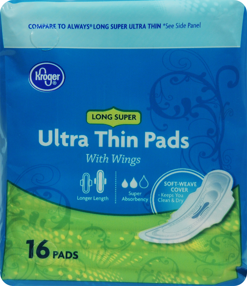 slide 1 of 1, Kroger Ultra Thin Super Long Maxi Pads, 16 ct