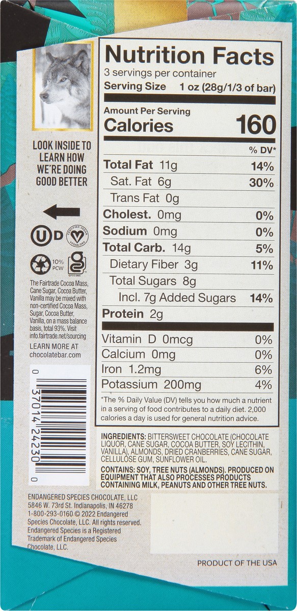 slide 6 of 9, Endangered Species 72% Cocoa Cranberry & Almonds Dark Chocolate 3 oz, 3 oz