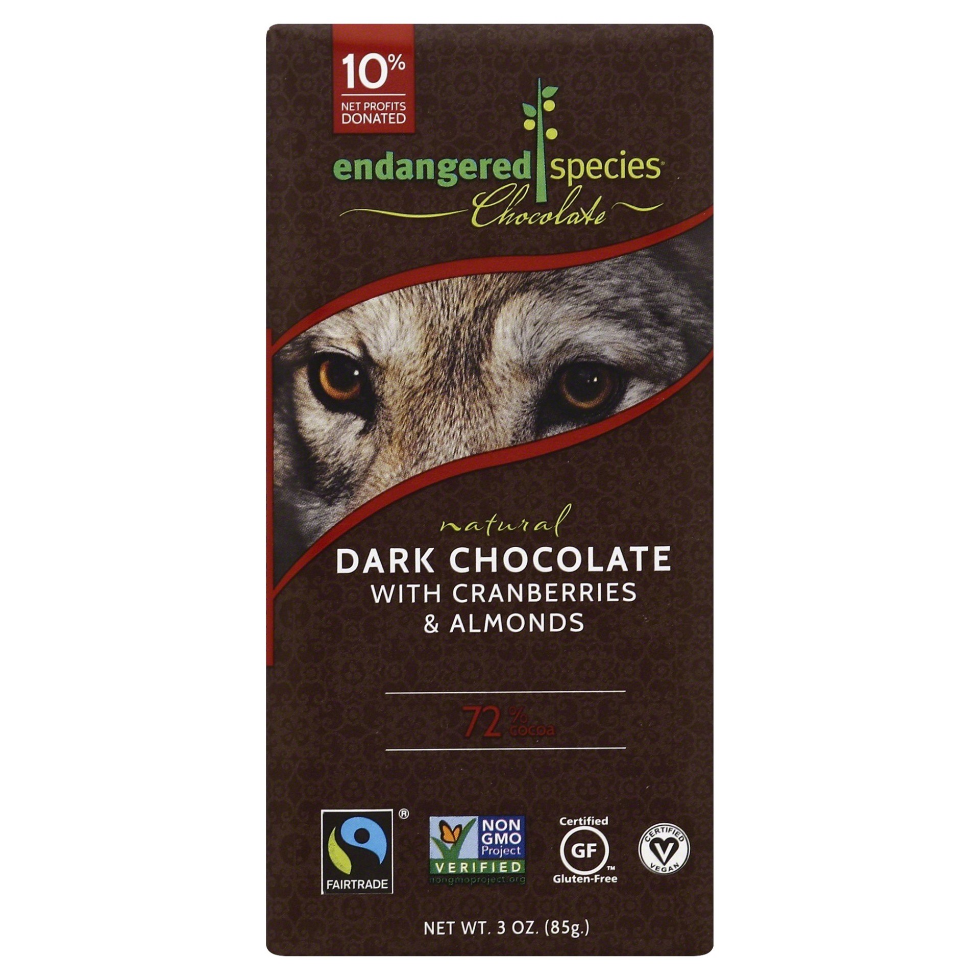 slide 1 of 9, Endangered Species 72% Cocoa Cranberry & Almonds Dark Chocolate 3 oz, 3 oz