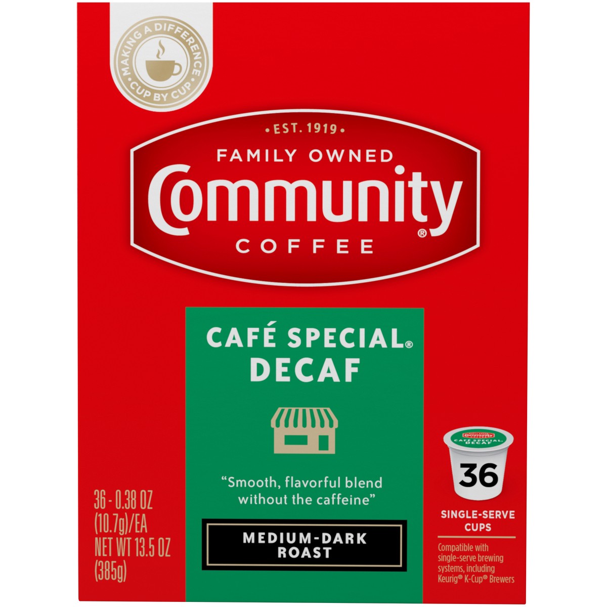 slide 9 of 13, Community Coffee Decaf Medium-Dark Roast Cafe Special Coffee 36 - 0.38 oz Single-Serve Cups, 36 ct