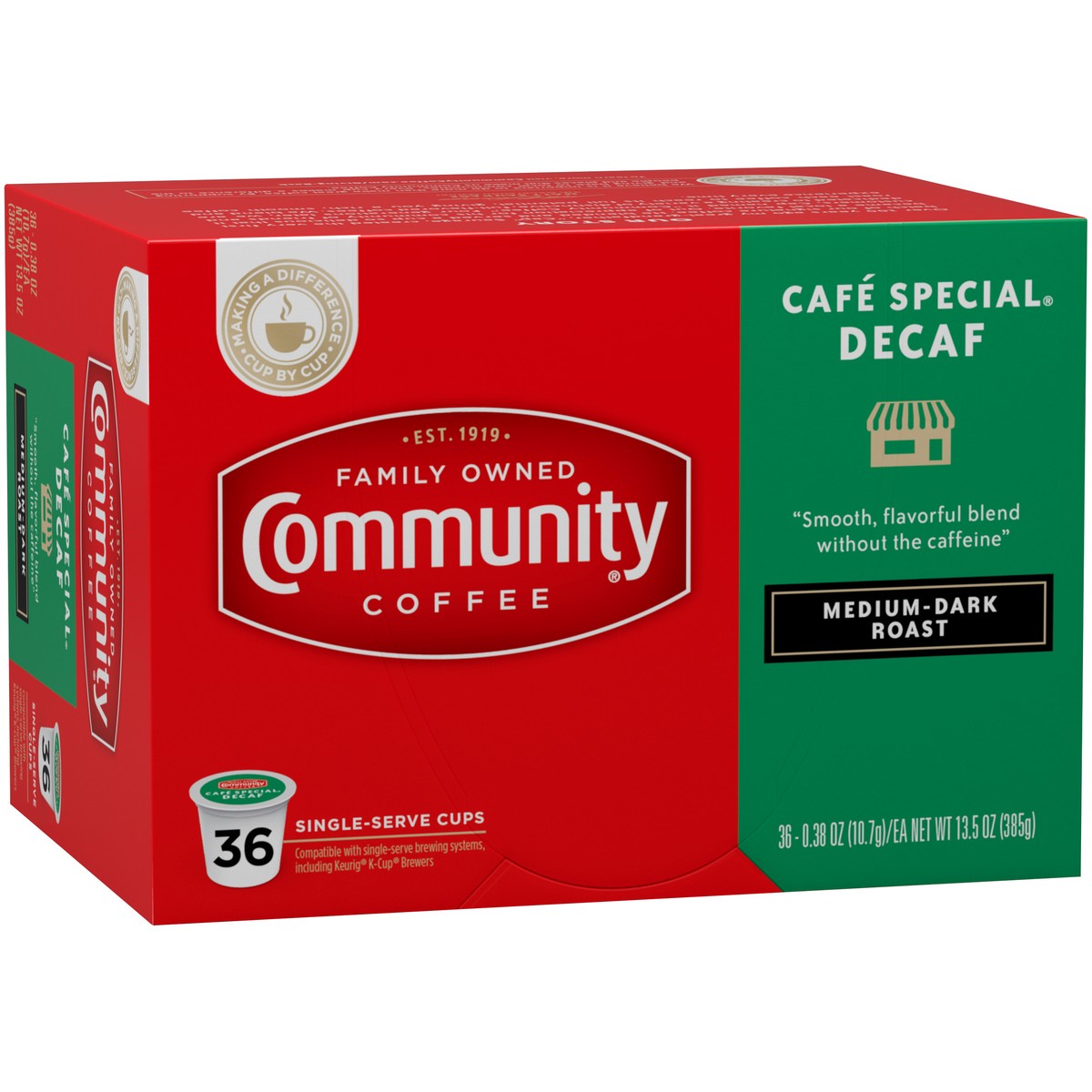 slide 11 of 13, Community Coffee Decaf Medium-Dark Roast Cafe Special Coffee 36 - 0.38 oz Single-Serve Cups, 36 ct