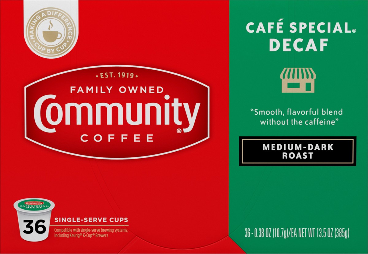 slide 5 of 13, Community Coffee Decaf Medium-Dark Roast Cafe Special Coffee 36 - 0.38 oz Single-Serve Cups, 36 ct