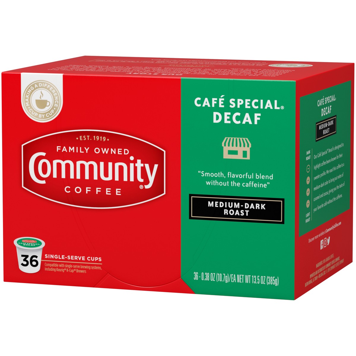 slide 3 of 13, Community Coffee Decaf Medium-Dark Roast Cafe Special Coffee 36 - 0.38 oz Single-Serve Cups, 36 ct