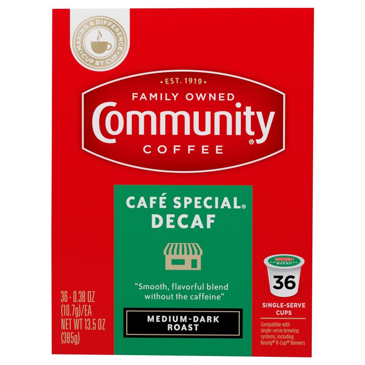 slide 1 of 13, Community Coffee Decaf Medium-Dark Roast Cafe Special Coffee 36 - 0.38 oz Single-Serve Cups, 36 ct