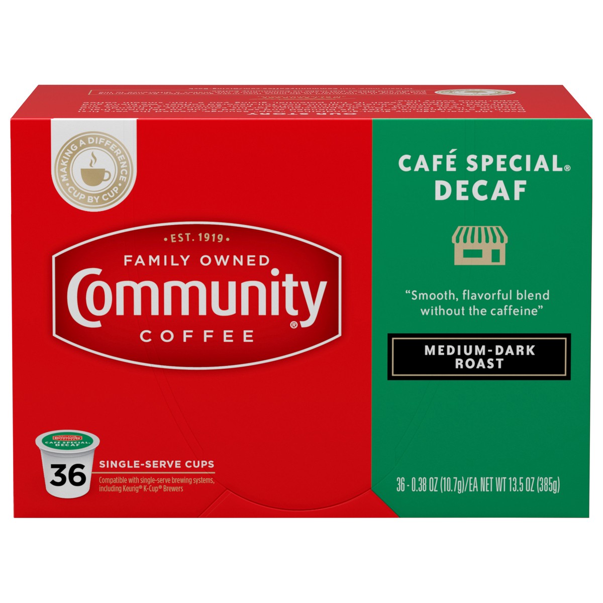 slide 12 of 13, Community Coffee Decaf Medium-Dark Roast Cafe Special Coffee 36 - 0.38 oz Single-Serve Cups, 36 ct