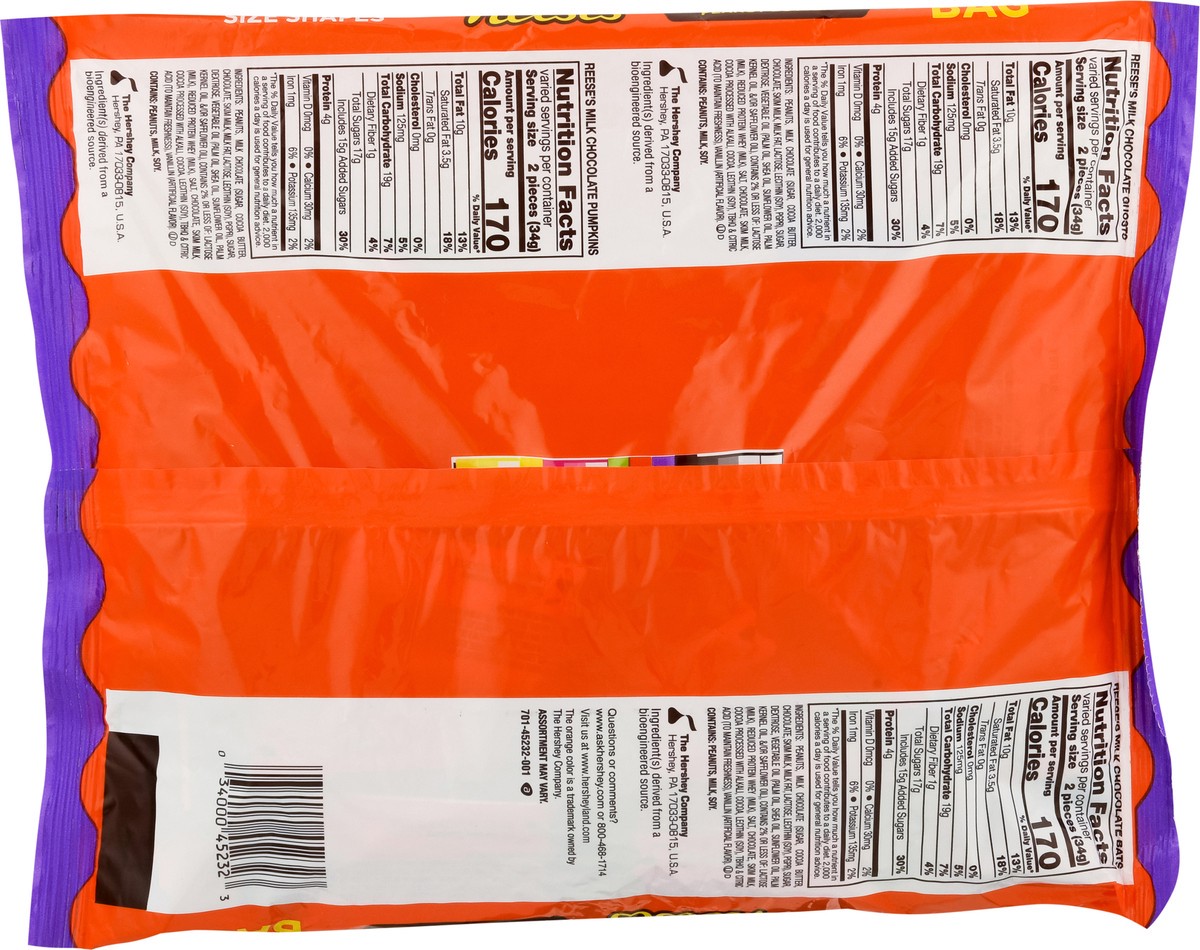 slide 10 of 12, REESE'S Assorted Milk Chocolate Snack Size Peanut Butter Shapes, Halloween Candy Jumbo Bag, 14.4 oz, 14.40 oz