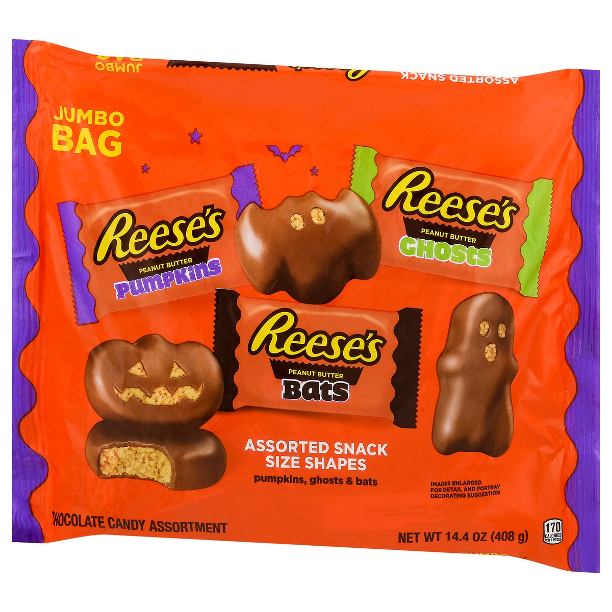 slide 6 of 12, REESE'S Assorted Milk Chocolate Snack Size Peanut Butter Shapes, Halloween Candy Jumbo Bag, 14.4 oz, 14.40 oz