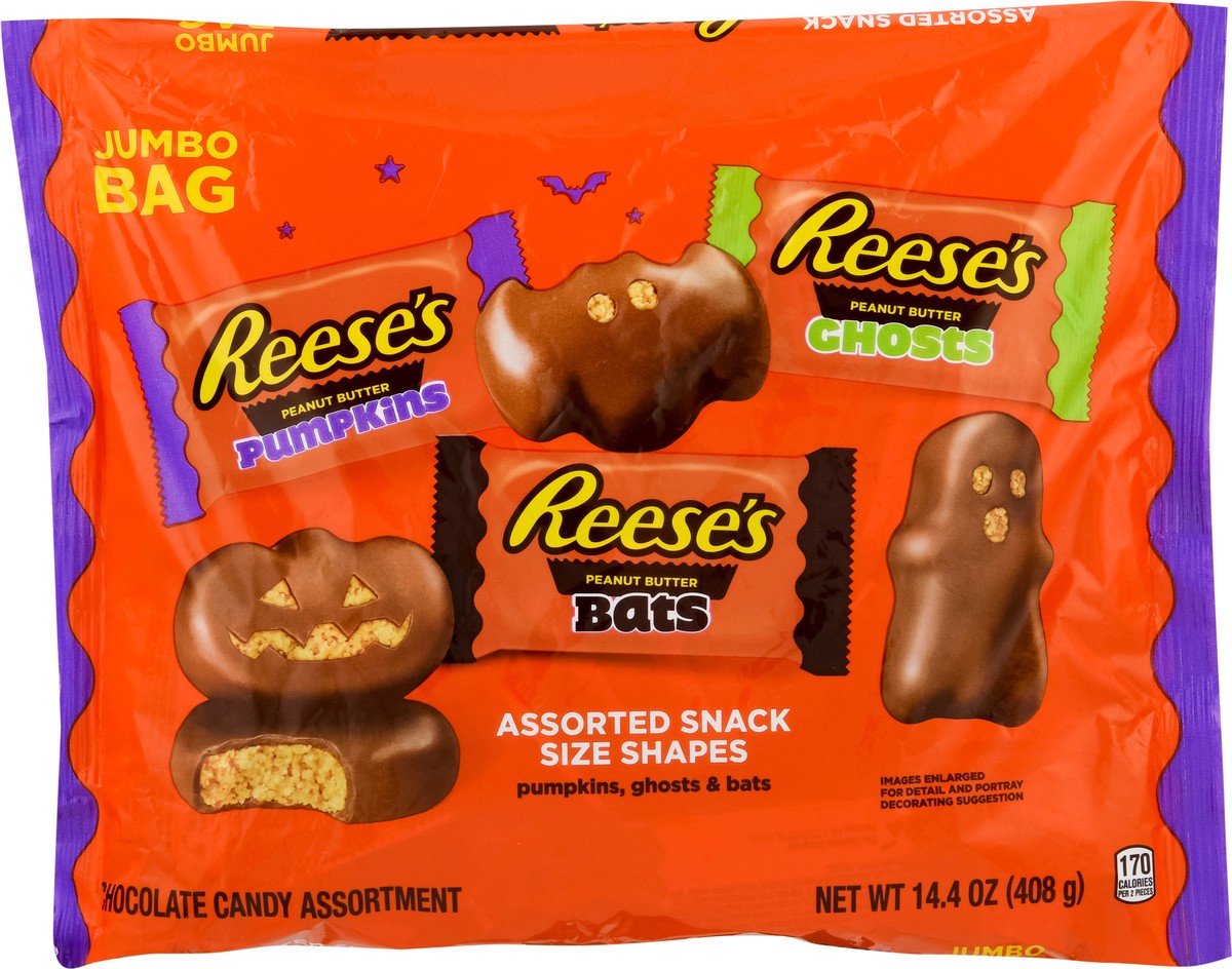 slide 11 of 12, REESE'S Assorted Milk Chocolate Snack Size Peanut Butter Shapes, Halloween Candy Jumbo Bag, 14.4 oz, 14.40 oz