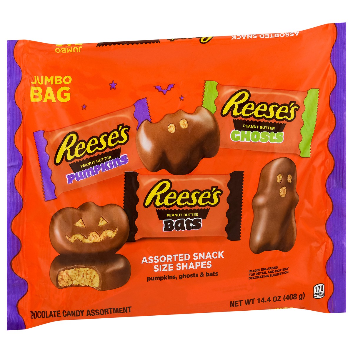 slide 4 of 12, REESE'S Assorted Milk Chocolate Snack Size Peanut Butter Shapes, Halloween Candy Jumbo Bag, 14.4 oz, 14.40 oz