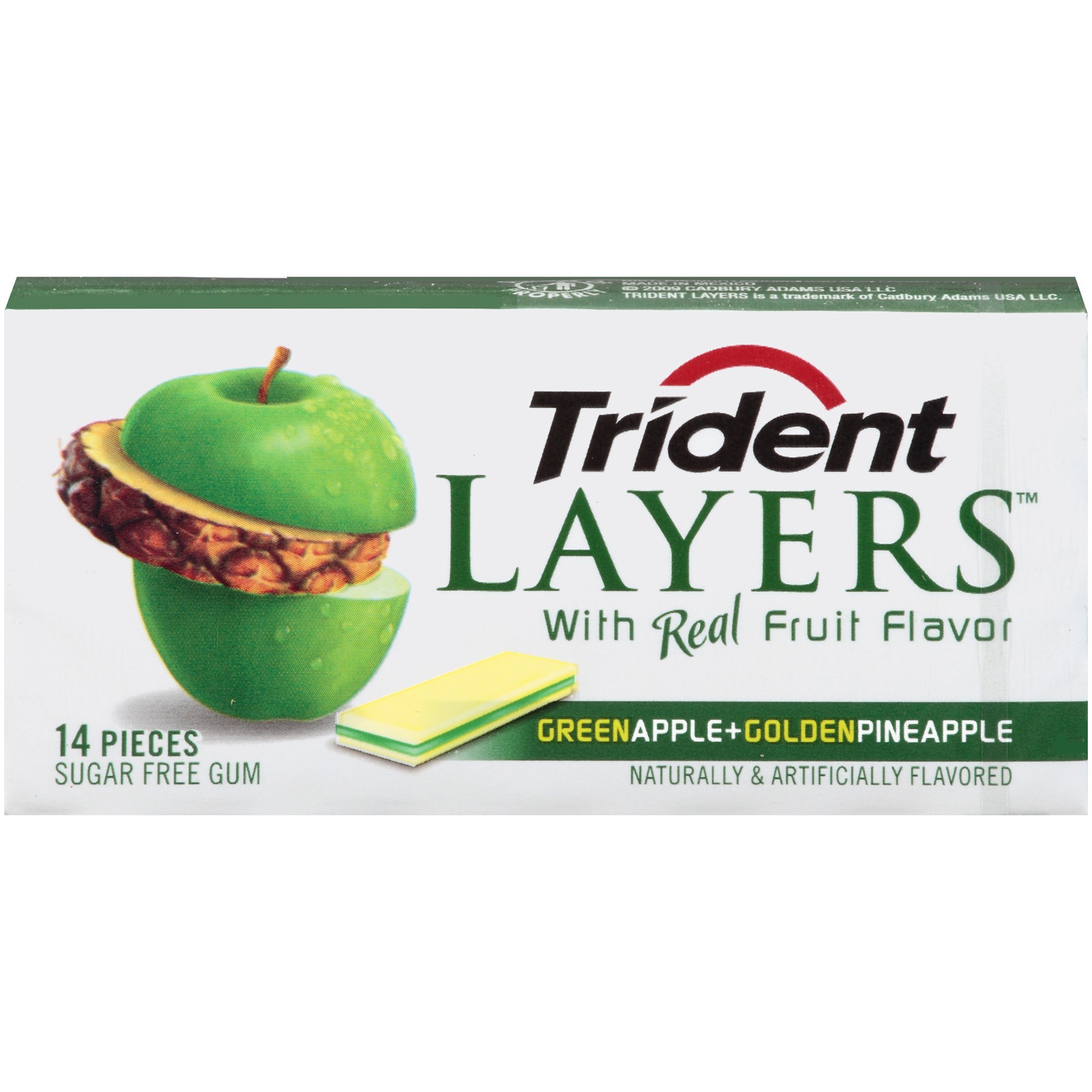 slide 1 of 7, Trident Layers Green Apple & Golden Pineapple Sugar Free Gum, 14 piece (1 pack), 0.09 lb