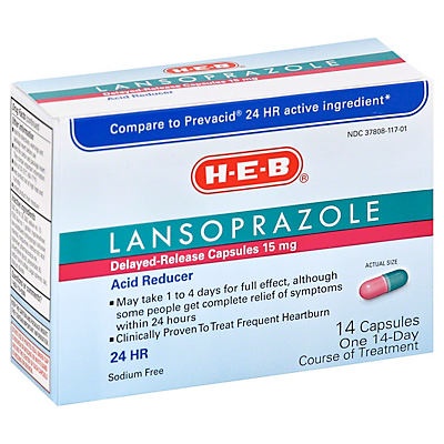 slide 1 of 1, H-E-B Lansoprazole 24 Hour Acid Reducer 15 mg Capsules, 14 ct