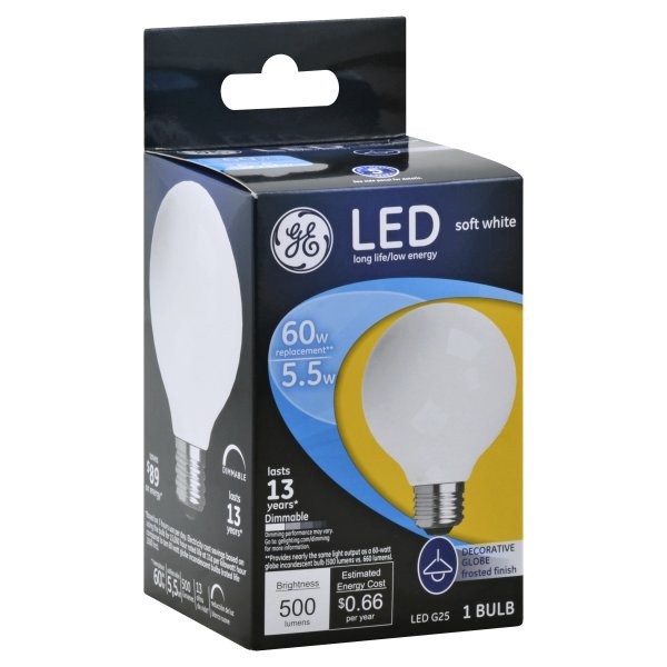 slide 1 of 1, GE LED 6.5-Watt Soft White Globe Medium Base Frosted Finish G25 Light Bulb, 1 ct