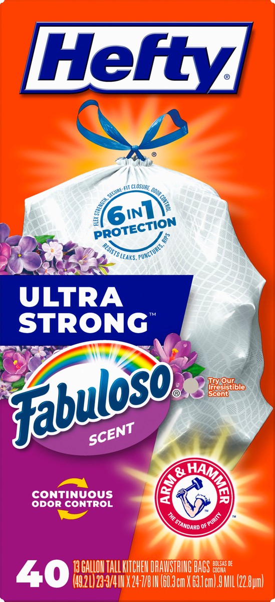 slide 5 of 9, Hefty Ultra Strong 13 Gallon Trash Bags, Tall Kitchen Trash Bags, White, Fabuloso Scent, 40 Bags, 1.83 lb