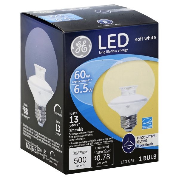 slide 1 of 1, GE LED 6.5-Watt Soft White Globe Medium Base Clear Finish G25 Light Bulb, 1 ct