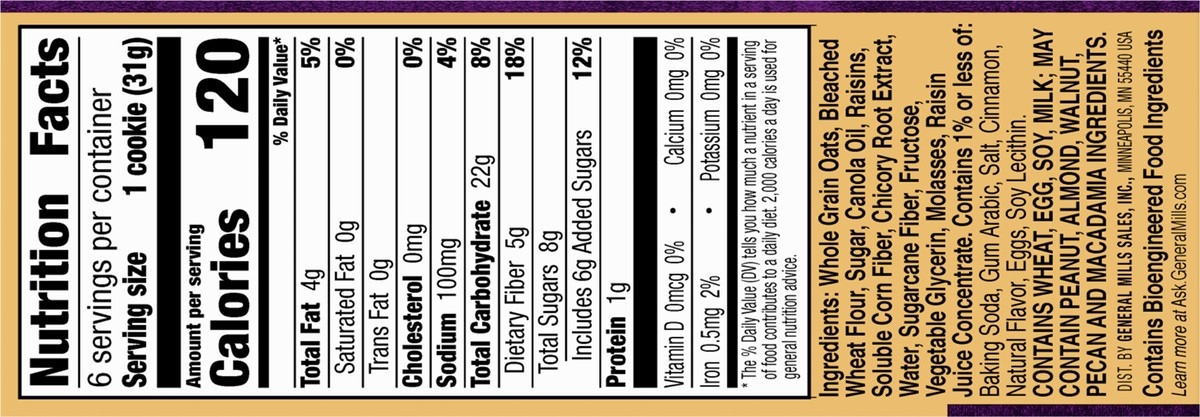 slide 4 of 9, Fiber One Soft-Baked Cookies, Oatmeal Raisin, 6 ct, 6.6 oz , 6 ct; 6.6 oz