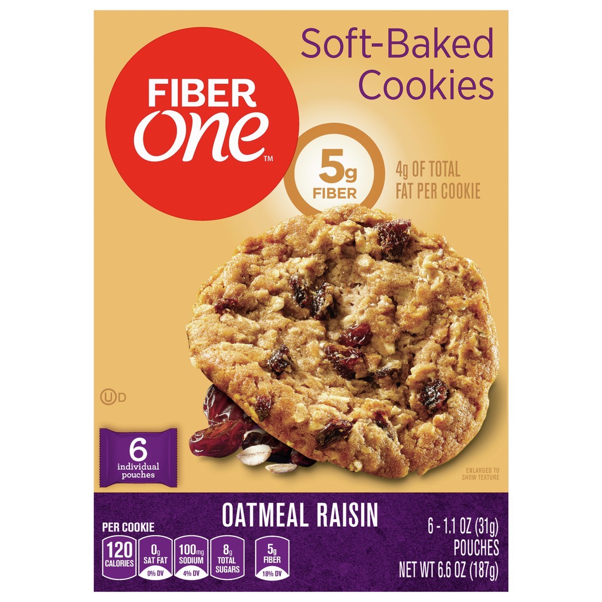 slide 1 of 9, Fiber One Soft-Baked Cookies, Oatmeal Raisin, 6 ct, 6.6 oz , 6 ct; 6.6 oz