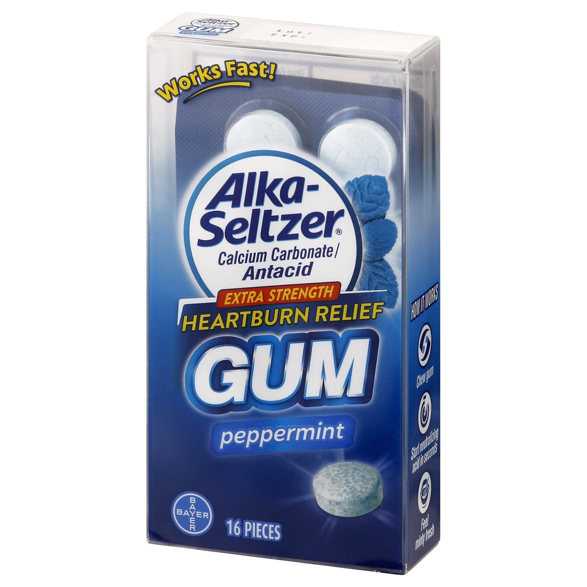 slide 3 of 9, Alka-Seltzer Gum Peppermint, Heartburn Relief, Extra Strength, 16 ct