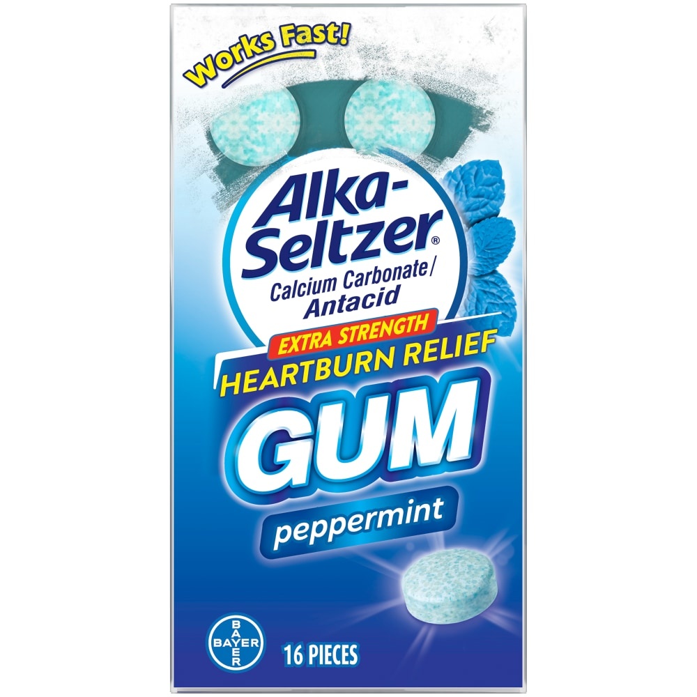 slide 1 of 9, Alka-Seltzer Gum Peppermint, Heartburn Relief, Extra Strength, 16 ct