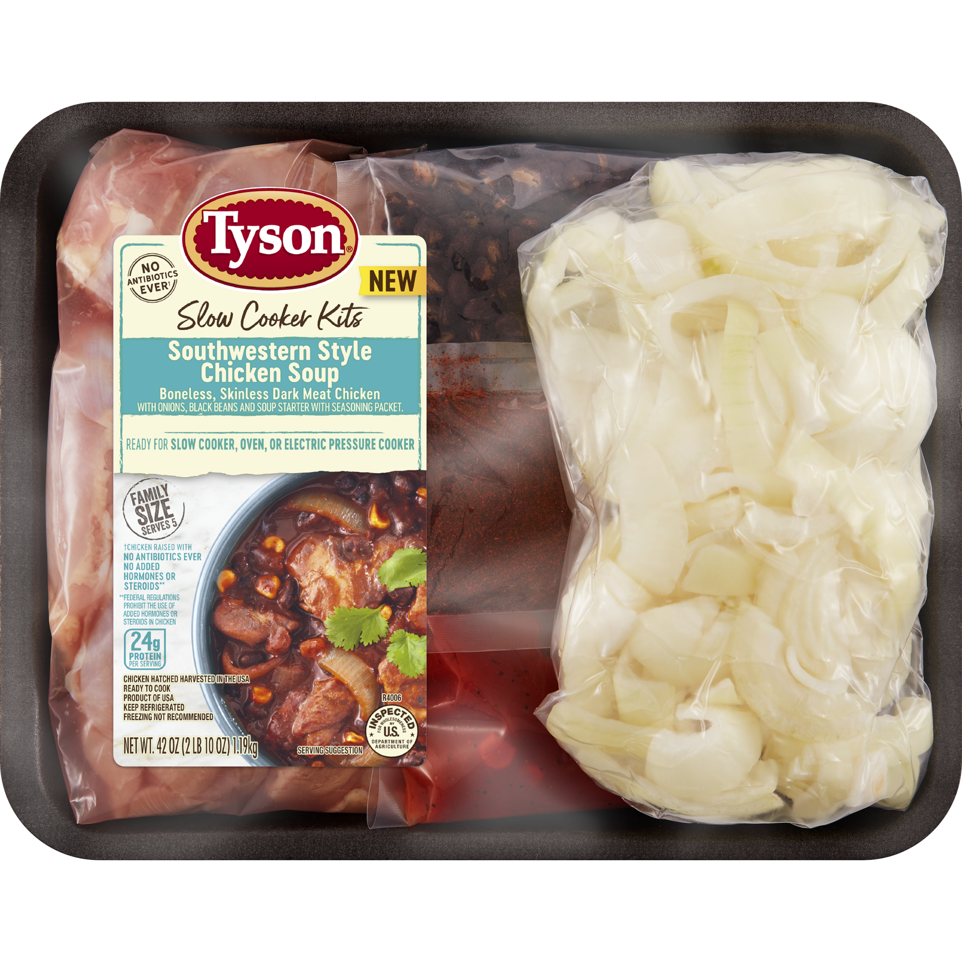 slide 1 of 1, Tyson Slow Cooker Kits Southwestern Style Chicken Soup, Boneless Skinless Dark Meat Chicken with Onions, Black Beans and Soup Starter with Seasoning Mix, 42 oz, 1.19 kg