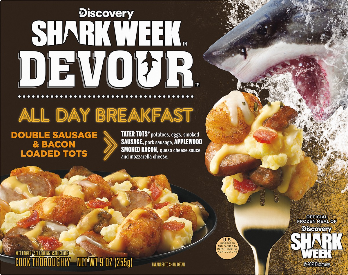slide 1 of 5, DEVOUR Discovery Shark Week Devour All Day Breakfast Double Sausage & Bacon Loaded Tots 9 oz. Box, 9 oz