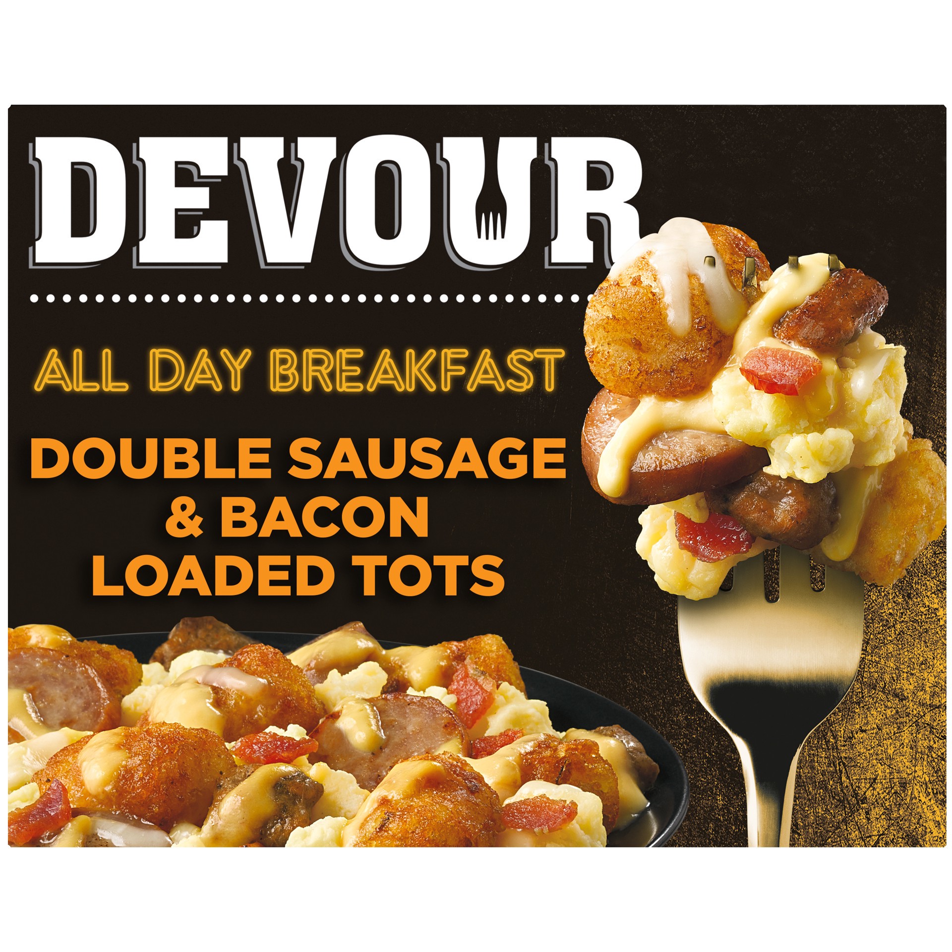 slide 1 of 5, DEVOUR All Day Breakfast Double Sausage & Smoked Bacon Loaded Tater Tots Frozen Meal, 9 oz Box, 9 oz