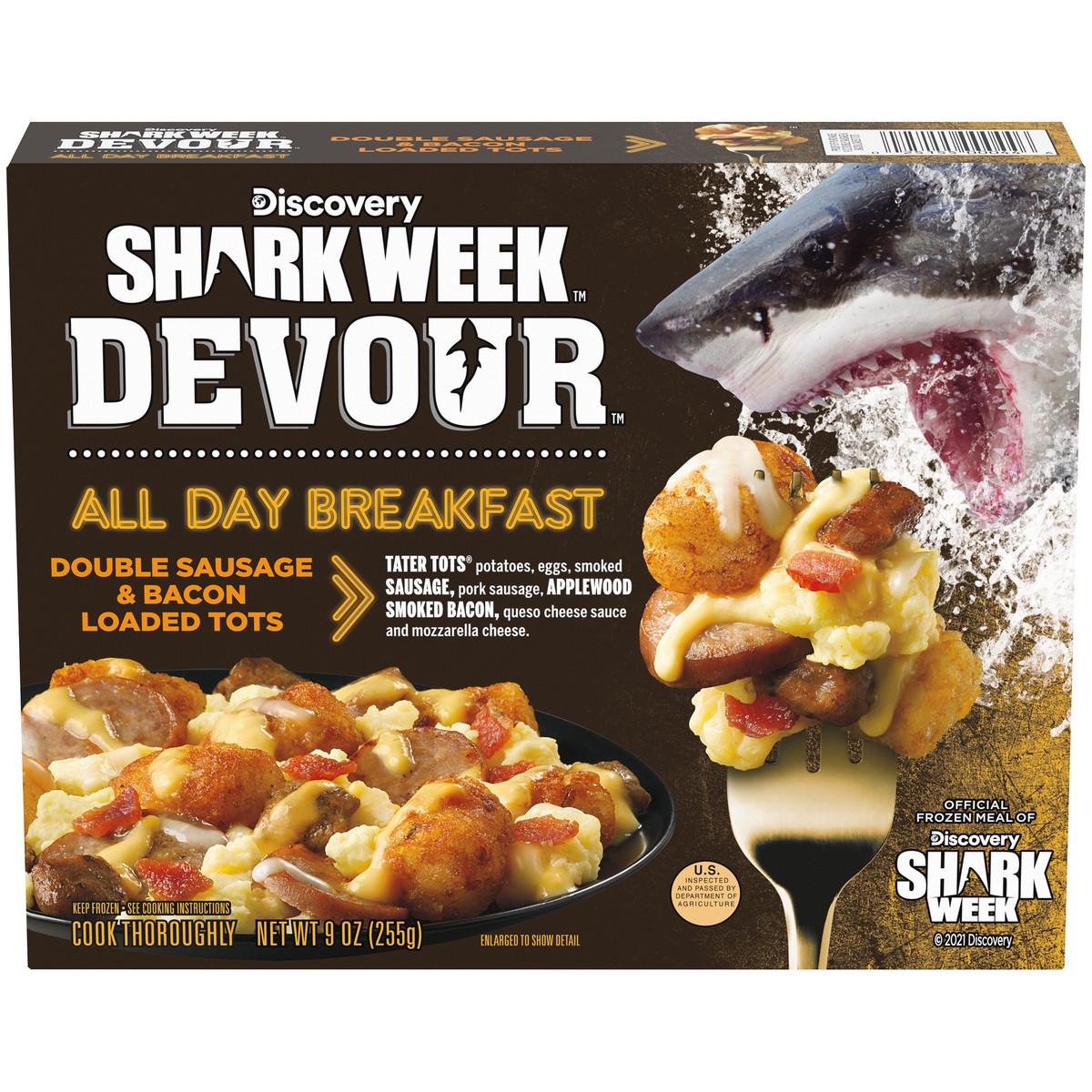 slide 1 of 5, DEVOUR All Day Breakfast Double Sausage & Smoked Bacon Loaded Tater Tots Frozen Meal, 9 oz Box, 9 oz