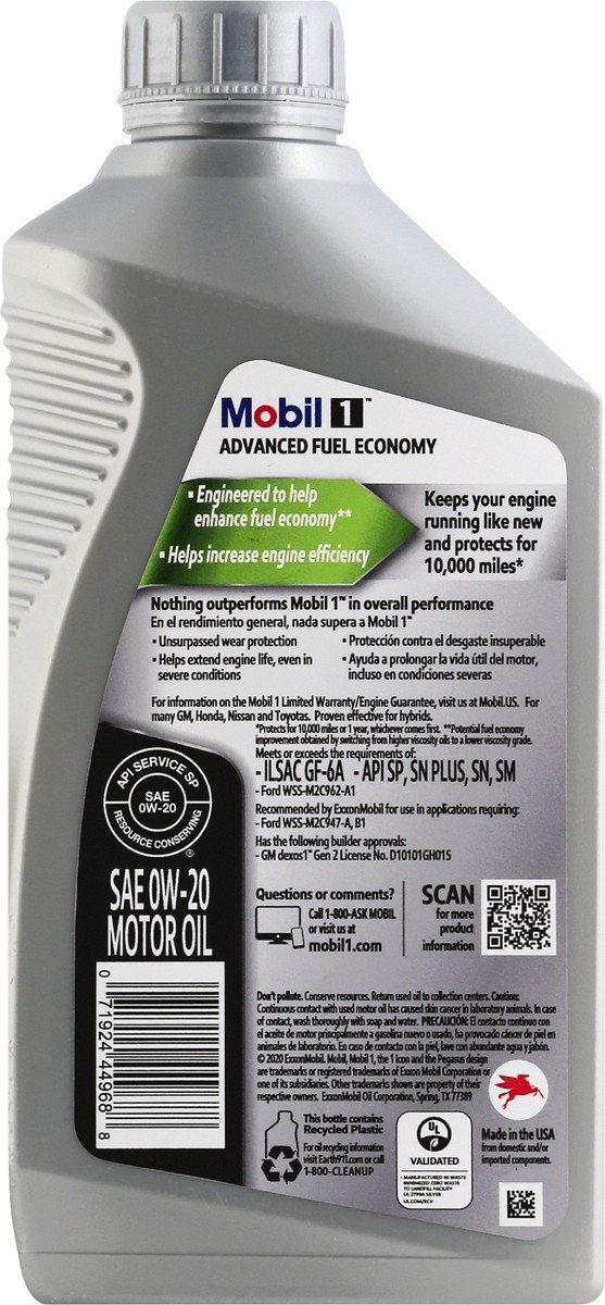 slide 6 of 9, Mobil 1 Advanced Fuel Economy 0W-20 Sae Advanced Full Synthetic Motor Oil, 1 qt