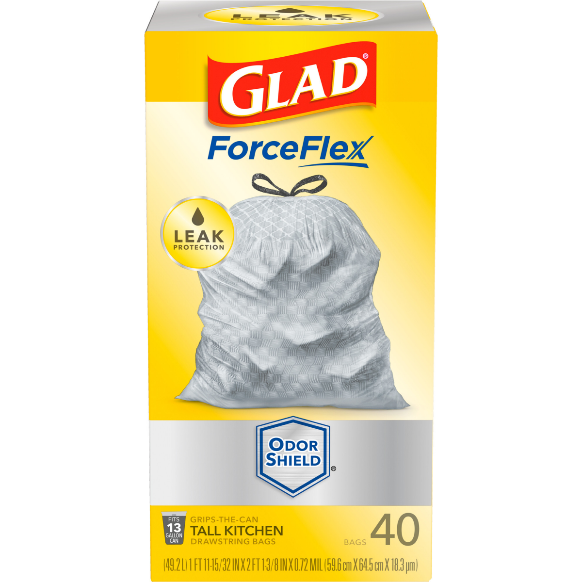 slide 1 of 1, Glad ForceFlex MaxStrength Tall Kitchen Drawstring Trash Bags, 13 Gallon, Odorshield, 34 Count, 34 ct