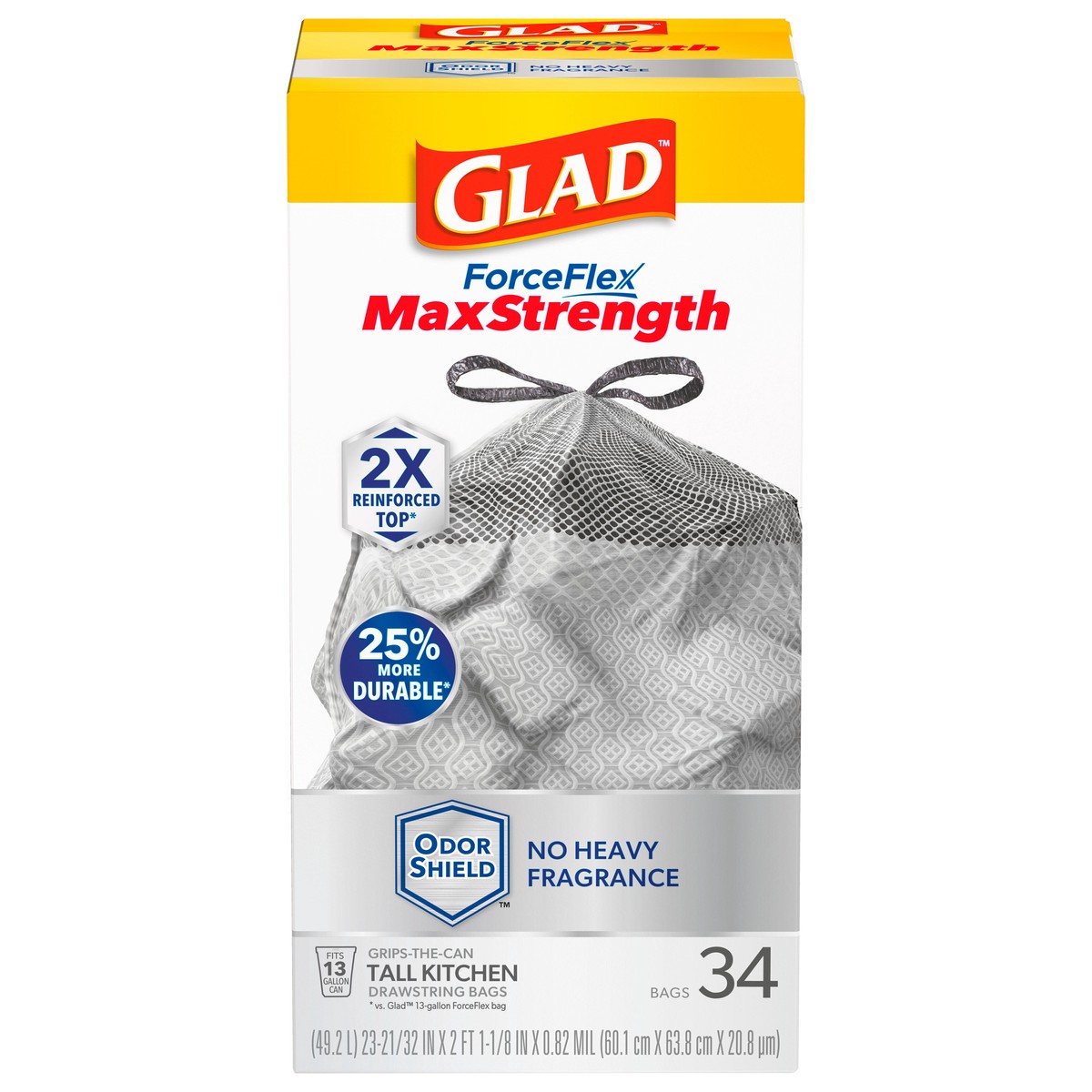 slide 1 of 13, Glad ForceFlex MaxStrength Tall Kitchen Drawstring Trash Bags, 13 Gallon, Odorshield, 34 Count, 34 ct