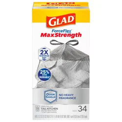Glad ForceFlex MaxStrength Tall Kitchen Drawstring Trash Bags, 13 Gallon, Odorshield, 34 Count