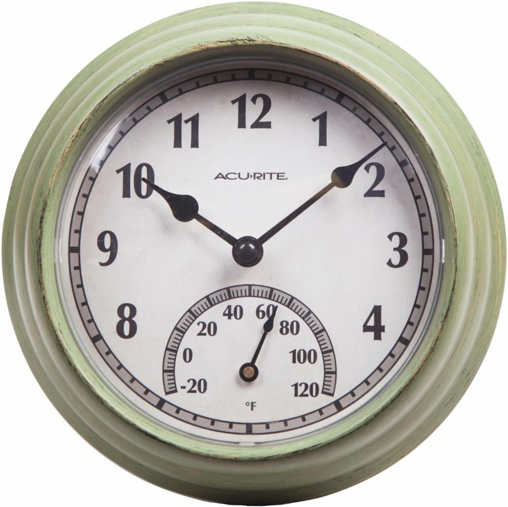 slide 1 of 1, AcuRite Outdoor Clock With Thermometer - Rustic Green, 8.5 in x 2 in
