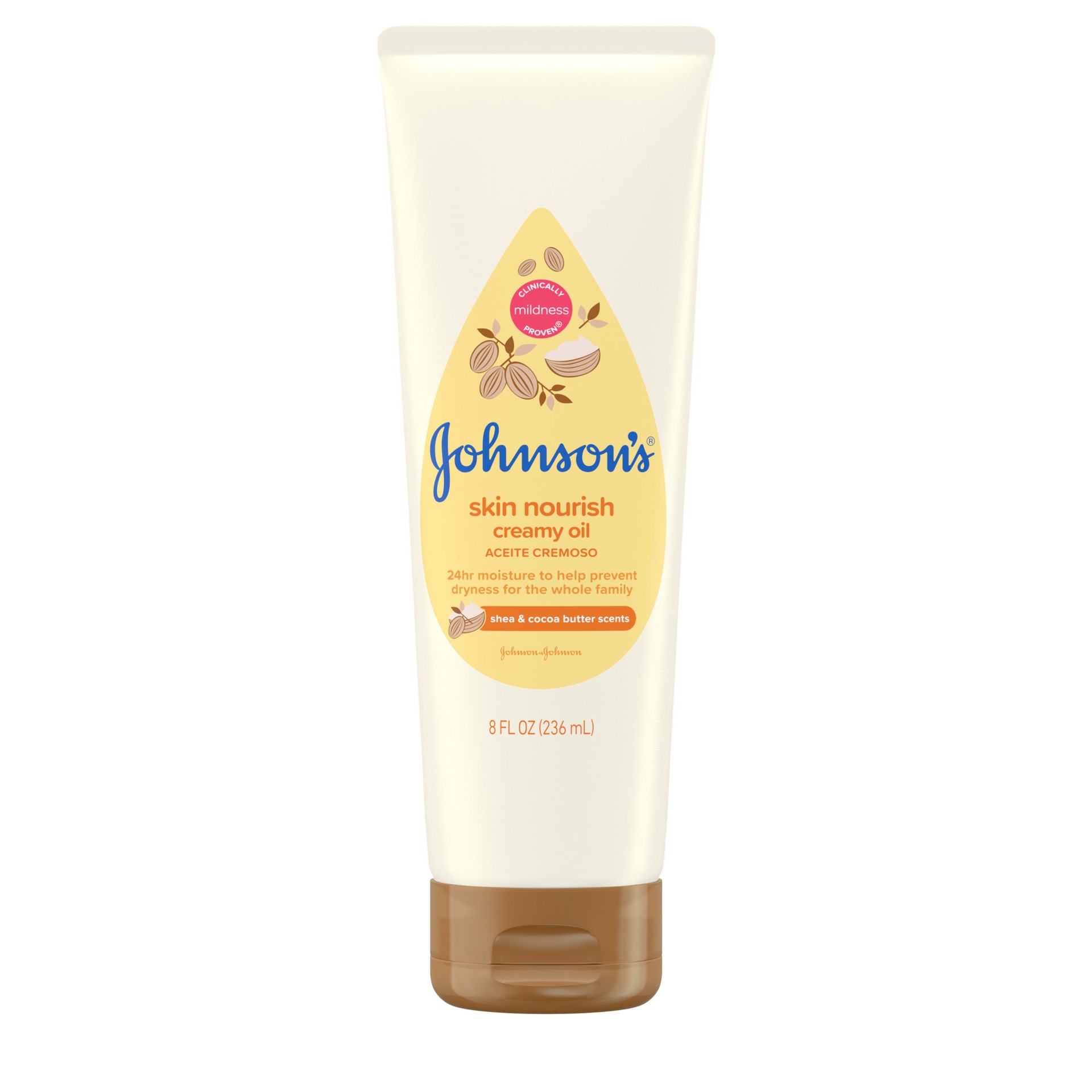 slide 1 of 9, Johnson's Skin Nourish Creamy Oil for Baby with Shea & Cocoa Butter Scents, Moisturizing Baby Creamy Oil Designed to Help Restore Essential Moisture & Help Prevent Dryness, Hypoallergenic, Non-Greasy, 8 fl. oz, 8 oz