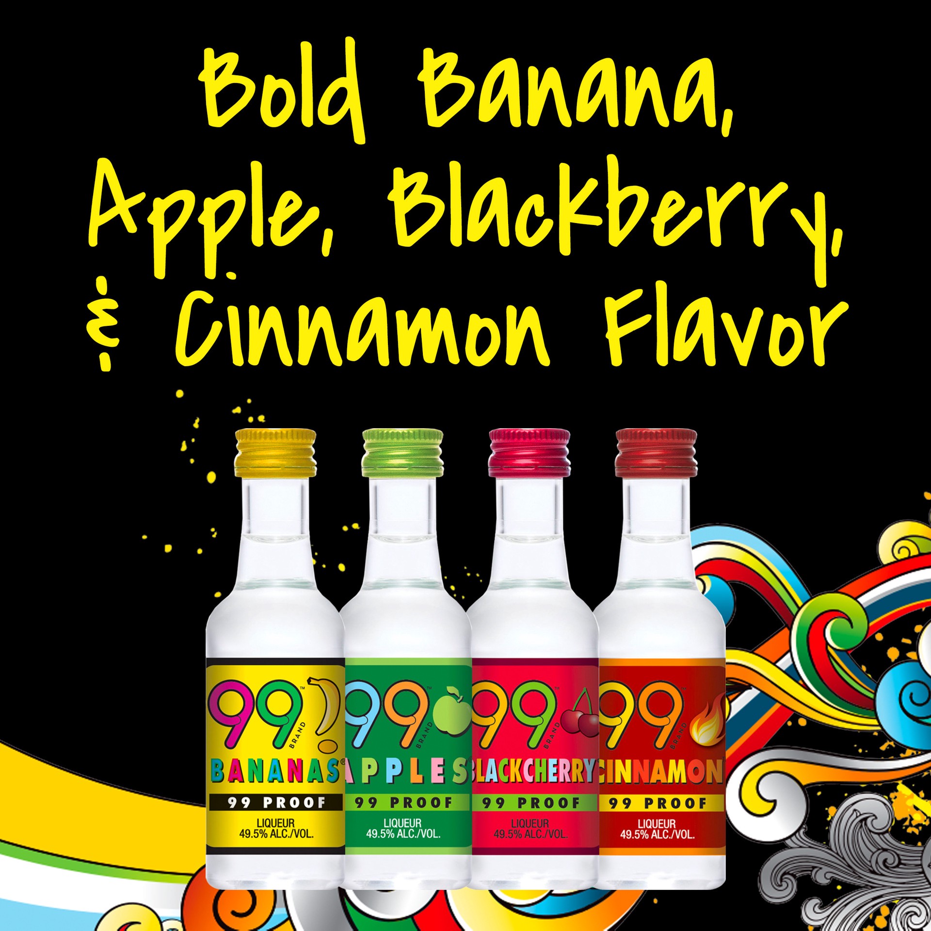 slide 3 of 5, 99 Brand Liqueur Party Pack, 50 mL Bottles, 4 Count, 99 Proof, 50 ml