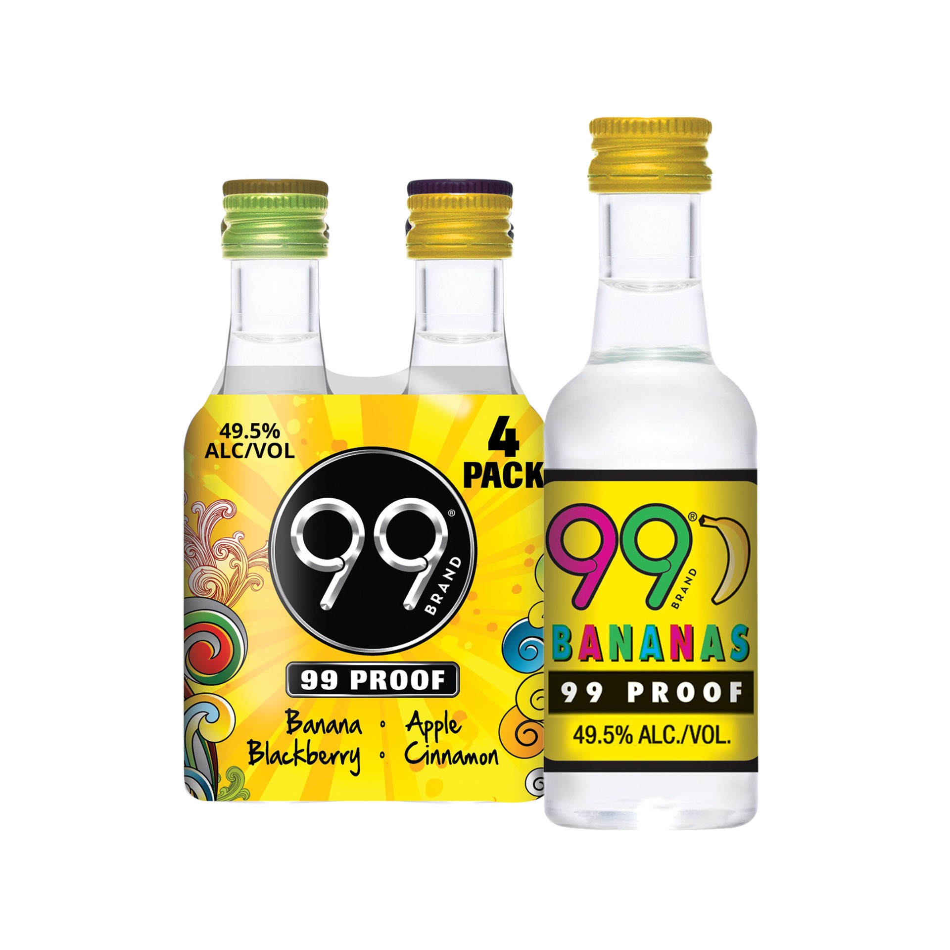 slide 1 of 5, 99 Brand Liqueur Party Pack, 50 mL Bottles, 4 Count, 99 Proof, 50 ml