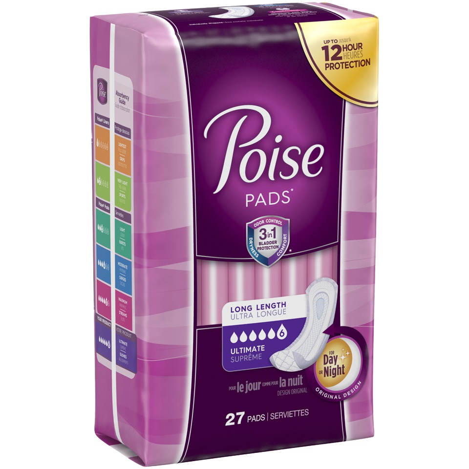 slide 2 of 3, Poise Overnight Pad Ultimate Absorbency Long, 27 ct