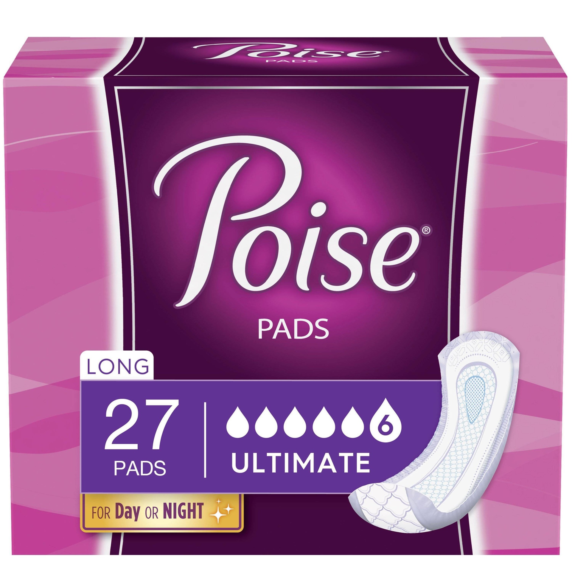 slide 1 of 3, Poise Overnight Pad Ultimate Absorbency Long, 27 ct