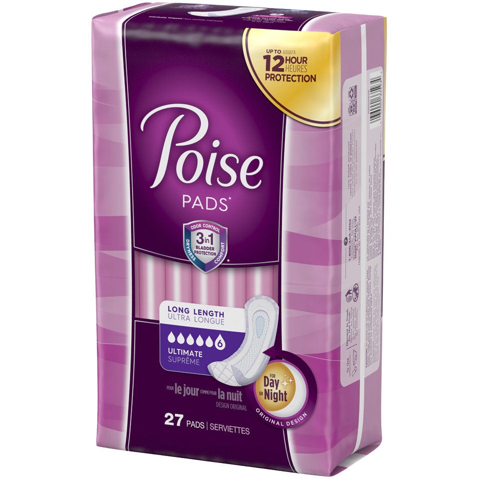 slide 3 of 3, Poise Overnight Pad Ultimate Absorbency Long, 27 ct