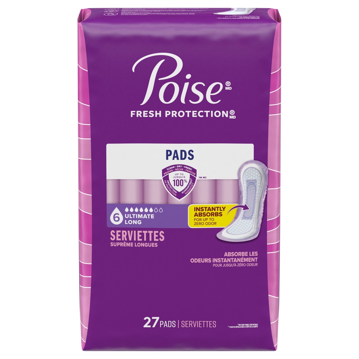slide 1 of 9, Poise Incontinence & Postpartum Pads for Bladder Leaks, 6 Drop Ultimate Absorbency, Long Length, 27 Count, 27 ct